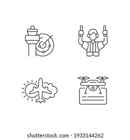 Flight dispatch linear icons set. Air traffic. Aeronautical meteorology. Flight safety guarantee. Customizable thin line contour symbols. Isolated vector outline illustrations. Editable strokes