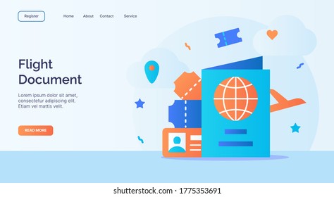 Flight document passport identity card ticket icon campaign for web website home homepage landing template banner with cartoon flat style.