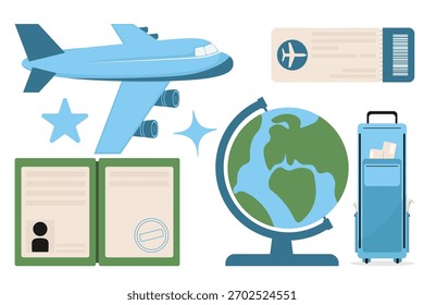 Documentos de vuelo y conjunto de transporte con boleto de pasaporte de globo aerostático, bolso de la carretilla para las páginas de reserva