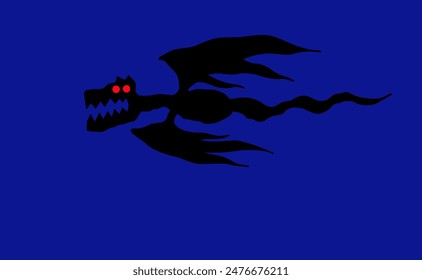 Flight of the dragon. A black dragon flies in the night sky. Cartoon character. Image for print, logo, or illustrations.