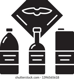 Flight drinks glyph icon. Pure water in bottle. Airplane alcohol. Plane nutrition. Jet menu. Aviation service. Aircraft travel. Journey. Silhouette symbol. Negative space. Vector isolated illustration