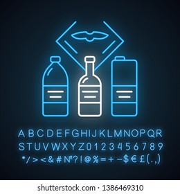 Flight drinks neon light icon. Pure water in bottle. Airplane alcohol. Plane nutrition. Jet menu. Aviation service. Glowing sign with alphabet, numbers and symbols. Vector isolated illustration