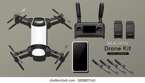 A flight drone and controller set. top view, flat lay composition. Realistic vector illustration.