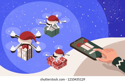 Flight drones with christmas hat delivering gifts and presents to people. Purchase via smart phone. Isometric 3d