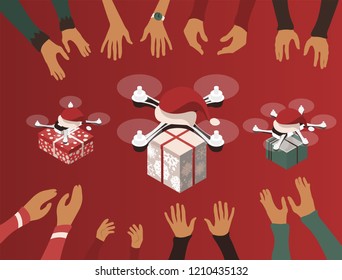 Flight drones with christmas hat delivering gifts and presents to people with raised hands. Isometric 3d