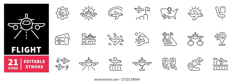 Flight editable line icons set. travel and aviation symbols