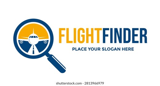 Flight finder logo vector with an airplane and a magnifying glass. Perfect for travel agencies and flight search.