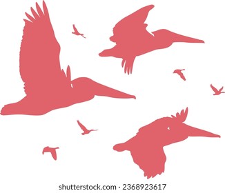 Flight of a flock of pelicans with other small birds. Vector image.
