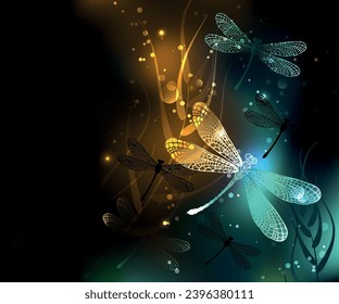 Flight of glowing, green, artistically drawn dragonfly with transparent green and yellow wings on glowing night background with marsh plants and fireflies. Glowing dragonfly. Hand drawn vector art.