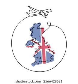 Flight to or from Great Britain. UK map and airplane