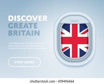 Flight to Greate Britain traveling theme banner design for website, mobile app. Modern vector illustration. Vacation. Tourism concept. Travel banner. Adventure and Journey.