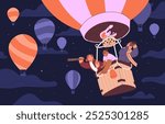 Flight of hot air balloon at night. Happy people flying in basket in dark sky. Tourists with telescope, binocular soaring in aerial ballon travel. Cappadocia festival. Flat vector illustration