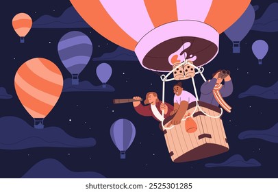 Heißluftballonflug in der Nacht. Glückliche Menschen, die in einem Korb am dunklen Himmel fliegen. Touristen mit Teleskop, binokulare Höhenflug in Luftballon Reise. Kappadokien-Fest. Flache Vektorgrafik