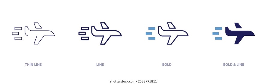 Flight icon in 4 different styles. Thin Line, Line, Bold, and Bold Line. Duotone style. Editable stroke.