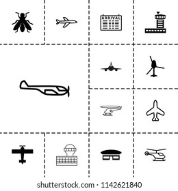 Flight icon. collection of 13 flight filled and outline icons such as fly, helicopter, plane, arrival table, airport, airport tower. editable flight icons for web and mobile.