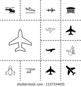 Flight icon. collection of 13 flight filled and outline icons such as helicopter, plane, plane landing, airport, hang glider. editable flight icons for web and mobile.