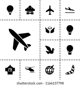 Flight icon. collection of 13 flight filled icons such as plane, plane landing, boomerang, air balloon, cargo plane back view. editable flight icons for web and mobile.