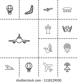 Flight icon. collection of 13 flight outline icons such as plane, boomerang, wings, air balloon, plane landing, airport. editable flight icons for web and mobile.