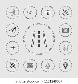 Flight icon. collection of 13 flight outline icons such as arrival table, paper airplane, plane, air balloon, runway. editable flight icons for web and mobile.