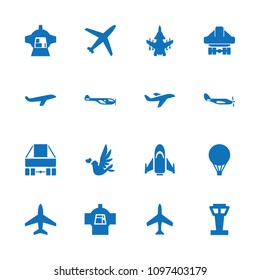 Flight icon. collection of 16 flight filled icons such as plane, airport tower, helicopter, cargo plane back view. editable flight icons for web and mobile.