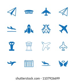 Flight icon. collection of 16 flight filled and outline icons such as airport tower, plane landing, airport, paper airplane, wings. editable flight icons for web and mobile.