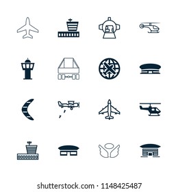Flight icon. collection of 16 flight filled and outline icons such as plane, airport, helicopter, luggage compartment in airplane. editable flight icons for web and mobile.