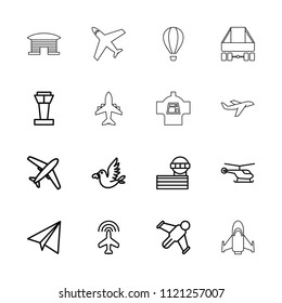 Flight icon. collection of 16 flight outline icons such as airport tower, plane, helicopter, paper airplane, hang glider, love bird. editable flight icons for web and mobile.