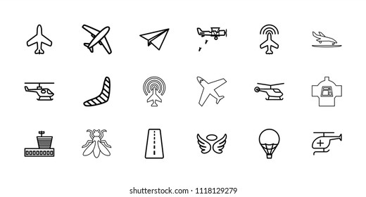 Flight icon. collection of 18 flight outline icons such as plane, runway, helicopter, airport, boomerang, wings, medical helicopter. editable flight icons for web and mobile.