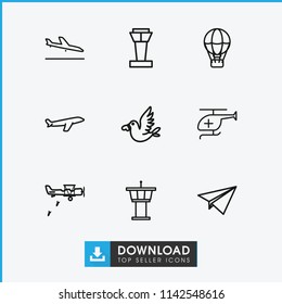 Flight icon. collection of 9 flight outline icons such as airport tower, plane landing, plane, air balloon, love bird. editable flight icons for web and mobile.