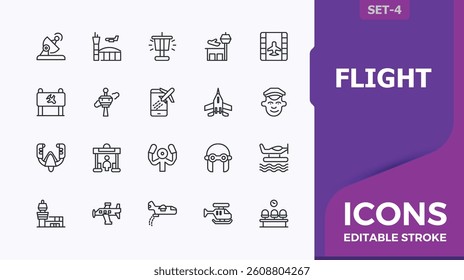 Flight icon. Contain linear symbols airport, jet, transportation, fly, aircraft and more. Aviation icon set in linear style. Perfect for logos and infographic. Minimalist editable stroke.