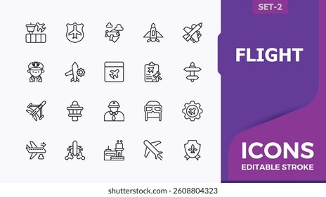 Flight icon. Contain linear symbols airport, jet, transportation, fly, aircraft and more. Aviation icon set in linear style. Perfect for logos and infographic. Minimalist editable stroke.