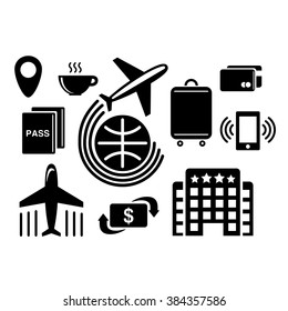 Flight icon kit. Black and white vector illustration.