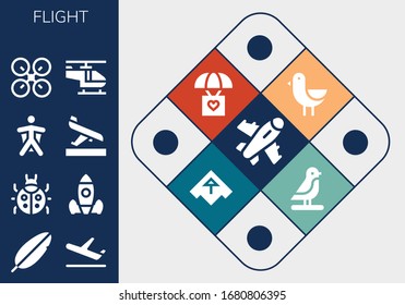 flight icon set. 13 filled flight icons. Included Plane, Feather, Ladybug, Rocket launch, Wingsuit, Arrival, Drone, Helicopter, Bird, Parachute, Airplane icons