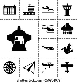 Flight icon. set of 13 filled flighticons such as plane landing, helicopter, arrival table, plane, airport, airport tower, paper airplane, cargo plane back view