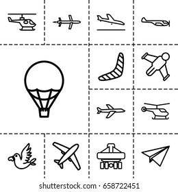Flight icon. set of 13 outline flighticons such as plane landing, helicopter, boomerang, cargo plane back view, love bird, air balloon