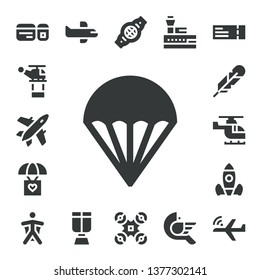 flight icon set. 17 filled flight icons.  Collection Of - Plane ticket, Helicopter, Plane, Parachute, Feather, Rocket launch, Wingsuit, Airplane, Oxygen mask, Belt, Drone, Control tower