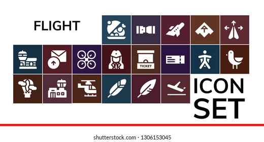 flight icon set. 19 filled flight icons.  Simple modern icons about  - Salver, Airport, Hot air balloon, Helicopter, Feather, Plane, Sent, Drone, Stewardess, Ticket office, Plane ticket