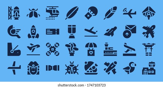 flight icon set. 32 filled flight icons. Included Rocket ship launch, Bird, Seat, Plane, Ladybug, Rocket launch, Take off, Stewardess, Helicopter, Plane ticket, Drone, Seat belt icons