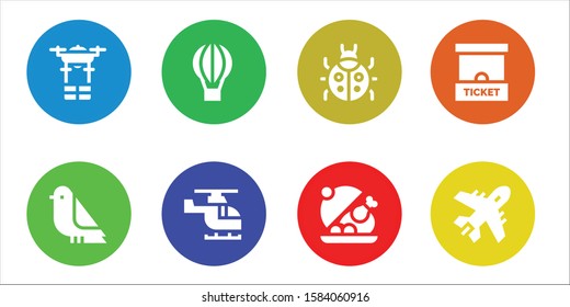 flight icon set. 8 filled flight icons.  Simple modern icons about  - Drone, Bird, Hot air balloon, Helicopter, Ladybug, Salver, Ticket office, Plane