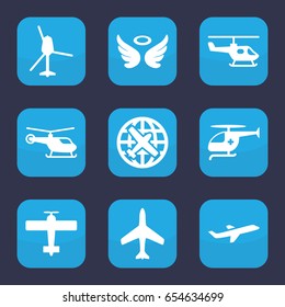 Flight icon. set of 9 filled flight icons such as plane, helicopter, wings