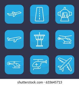 Flight icon. set of 9 outline flight icons such as runway, helicopter, airport tower, plane, luggage compartment in airplane