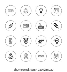 Flight icon set. collection of 16 outline flight icons with angel, belt, boarding pass, control tower, feather, drone, hot air balloon, helicopter, ladybug, parachute icons.