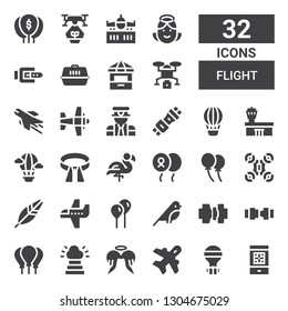 flight icon set. Collection of 32 filled flight icons included Boarding pass, Hot air balloon, Aviation, Angel, Heaven, Balloons, Safety belt, Seatbelt, Bird, Balloon, Airplane