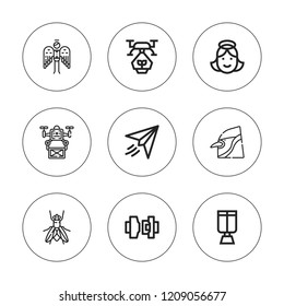 Flight icon set. collection of 9 outline flight icons with angel, bird, drone, fly, oxygen mask, paper plane icons. editable icons.