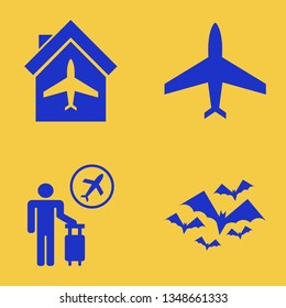 flight icon set with plane hangar, plane and bats vector illustration