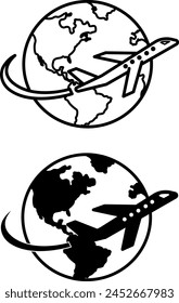 Flight icons. Black and White Vector Icons of a Flying Airplane Around the Planet. Travel and Tourism. Transport Concept