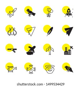 flight icons. Editable 16 flight icons. Included icons such as Sparrow, Angel, Drone, Helicopter, Airport, Bird, Airplane, Belt, Paper Plane, Feather. flight trendy icons for web.