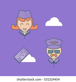 Flight icons flat. Cute lady and serious pilot