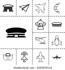 Flight icons. set of 13 editable filled and outline flight icons such as plane, airport, luggage compartment in airplane, paper plane, helicopter, boomerang, wings
