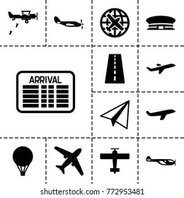 Flight icons. set of 13 editable filled flight icons such as runway, helicopter, plane, airport, paper airplane, air balloon, military plane